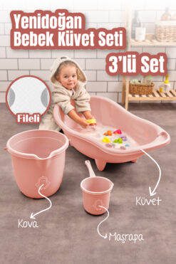 Vienev 3'lü Set Fileli Yenidoğan Küvet Seti Pembe
