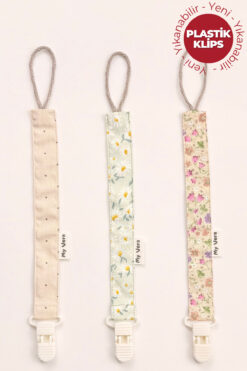 MyVera Vizon Puantiye-Yeşil Papatya-Bahar Çiçek Vizon-Plastik Klipsli 3'lü Emzik Askısı Seti
