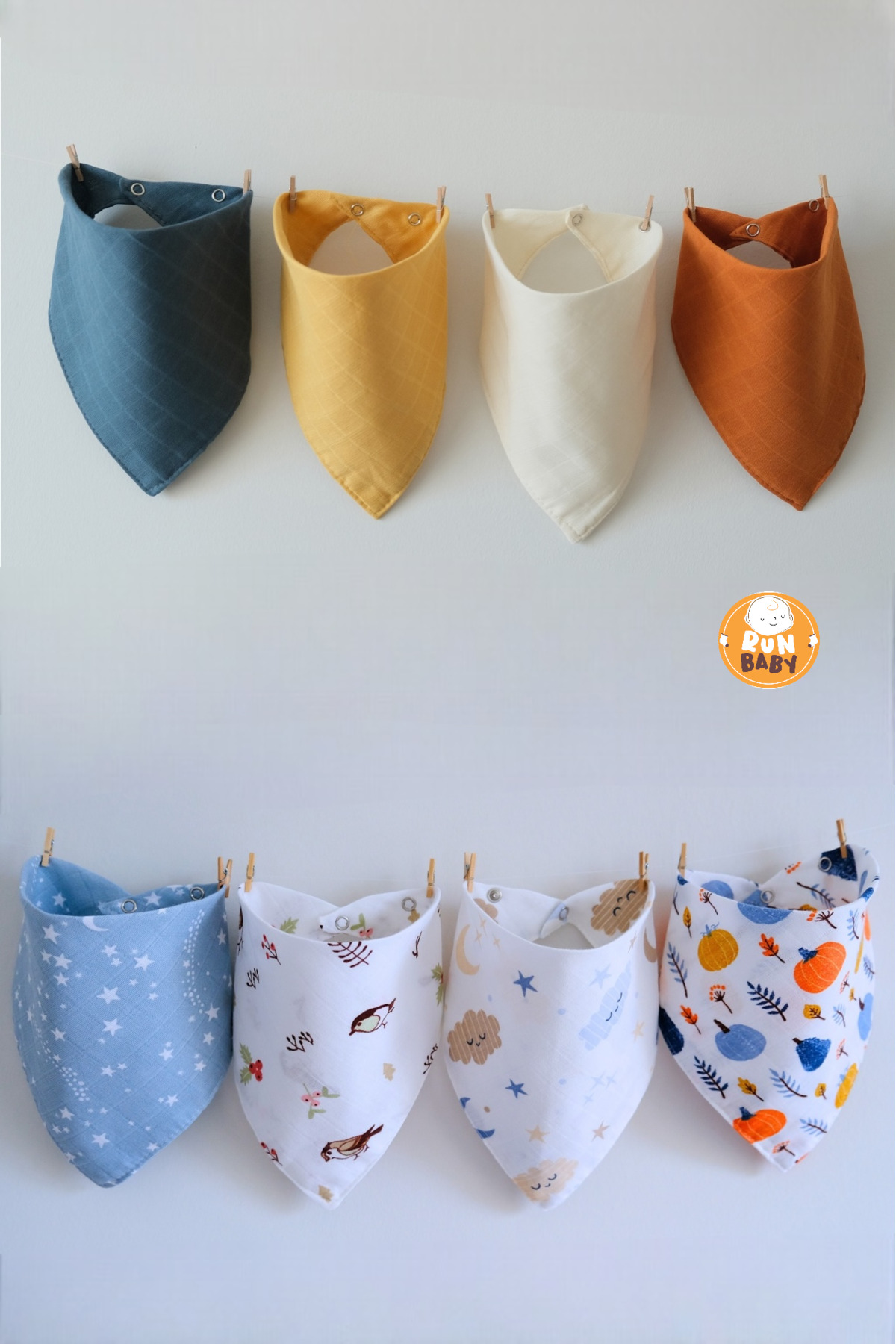 runbaby (8 ADET) Müslin Kumaş Çıtçıtlı Bebek Salya Önlük & Fular