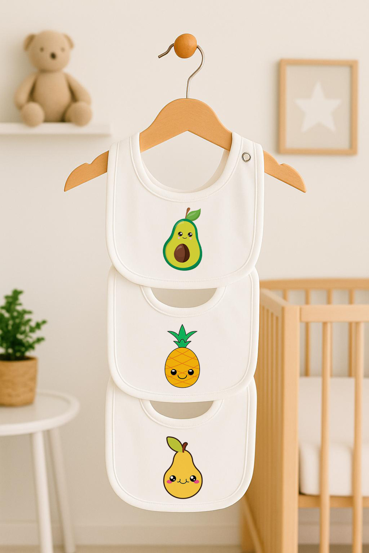 Bebe wini %100 Pamuk Penye Çift Katlı 3'lü Meyve Desenli Mama Önlüğü