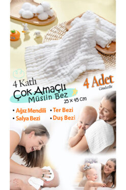 HALZEY 4'lü Ağız Mendili, Salya Bezi, Bebek Ter Bezi, Bebek Duş Bezi %100 Pamuk 4 katlı Müslin Bez 25x45 Cm