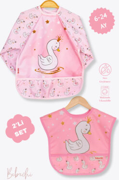 Bebechi Kuğu Uzun Kollu Giyilebilir-Kolsuz | 2'Li Pratik Set Cepli | Sıvı Geçirmez Mama Önlüğü 6-24 AY