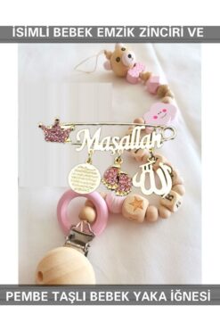 Sahi Aksesuar Sahi Aksesuar Isimli Bebek Emzik Zinciri Ve Pembe Taşlı Bebek Yaka Iğnesi