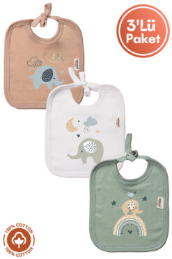 Miniel Unisex Bebek Yenidoğan Penye Organik Pamuklu Fil Baskılı 0-3 Ay Bebek Önlüğü 3'Lü Set