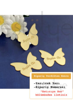 estölye Kelebek Model - Altın Renk Pleksi Yapışkanlı Bebek Hediyelik - 50 Adet