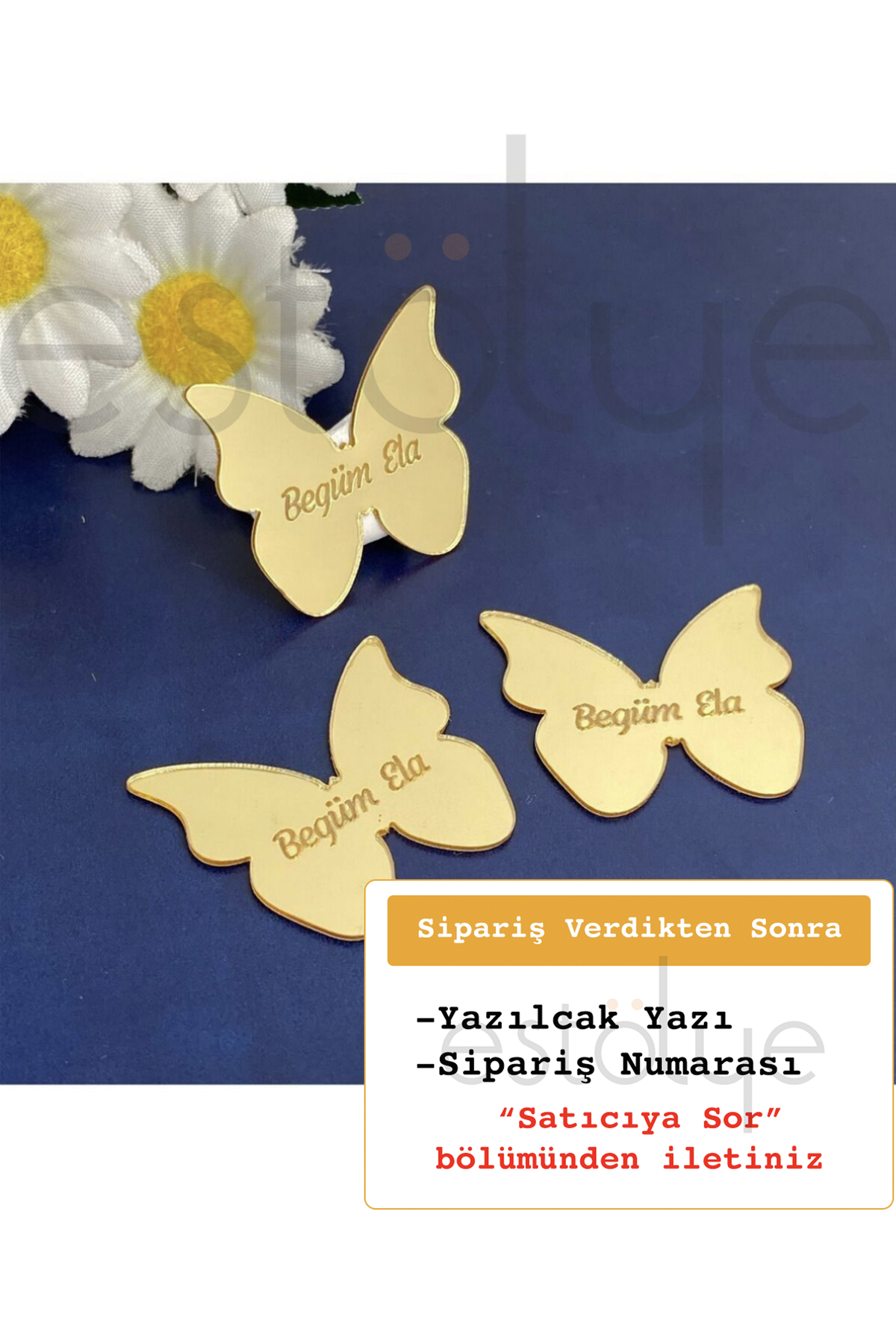 estölye Kelebek Model - Altın Renk Pleksi Yapışkanlı Bebek Hediyelik - 50 Adet