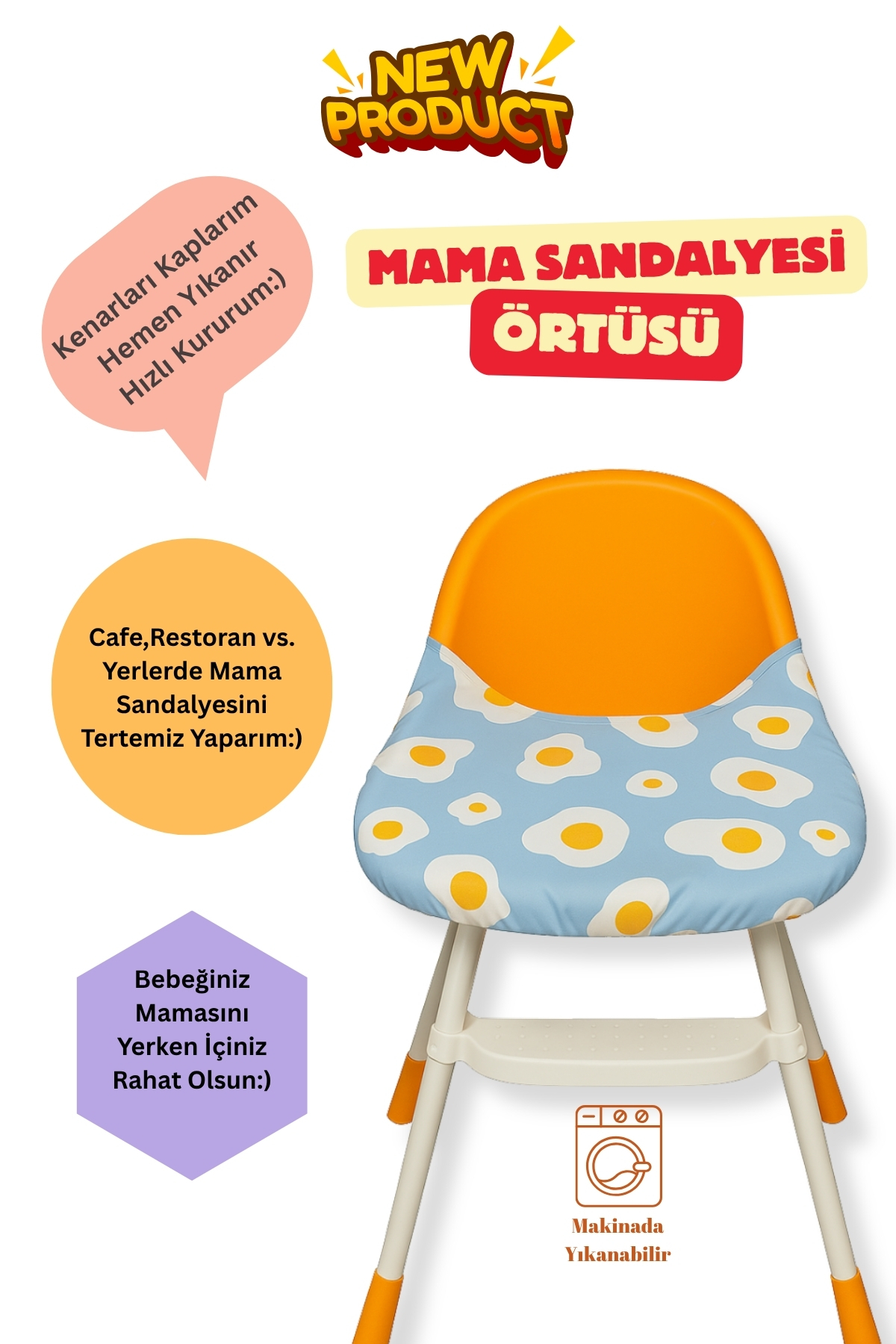 BibKing Mama Sandalyesi Örtüsü Yumurta Baskılı Desen Mama ve Aktivite Önlüğü