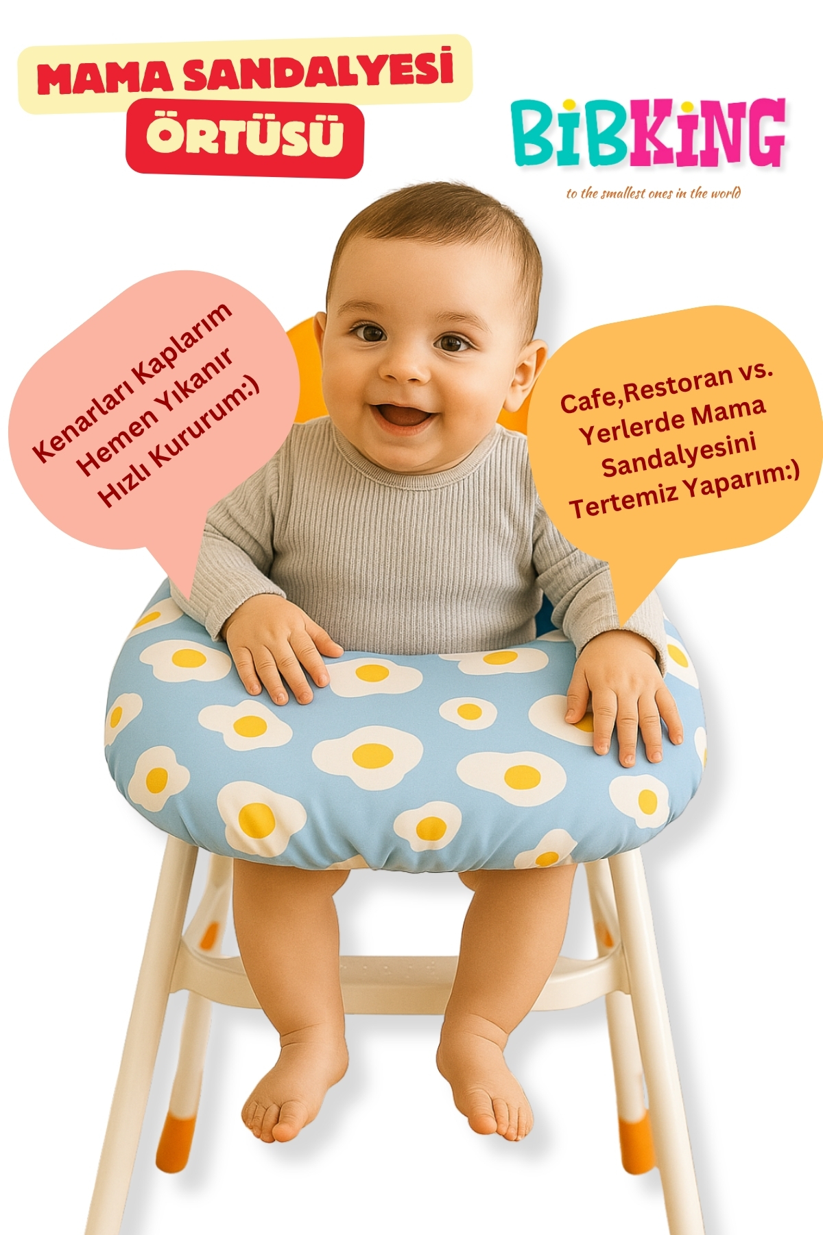 BibKing Mama Sandalyesi Örtüsü Yumurta Baskılı Desen Mama ve Aktivite Önlüğü - Görsel 3