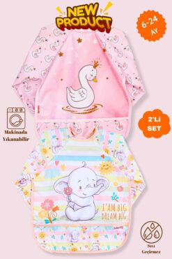 BibKing 2'Li Uzun Kollu Giyilebilir Sevimli Fil-Kuğu Desen Sıvı Geçirmez Aktivite ve Mama Önlüğü 6-24 AY