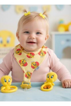 Lumos Trade Emzik Tutucu Mama Önlüğü - Kalpli Tweety  %100 Pamuk Organik Kumaş Emzik Askısı