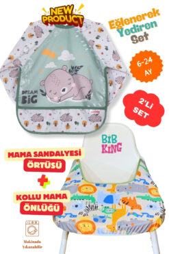 BibKing 2'Li Ekonomik Set Mama Sandalyesi Örtüsü-Sevimli Ayı Desen Aktivite ve Mama Önlüğü 6-24 AY