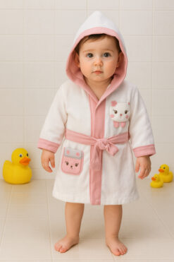 Ekebaby - Gril Bear - Organic / Pamuk / Yumuşak / Havlu Kumaş Bebek Bornozu 0-3 Yaş