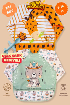 Bebechi 2'Li Uzun Kollu Giyilebilir Zürafa-Kızıldereli Desen Sıvı Geçirmez Aktivite ve Mama Önlüğü 6-24 AY