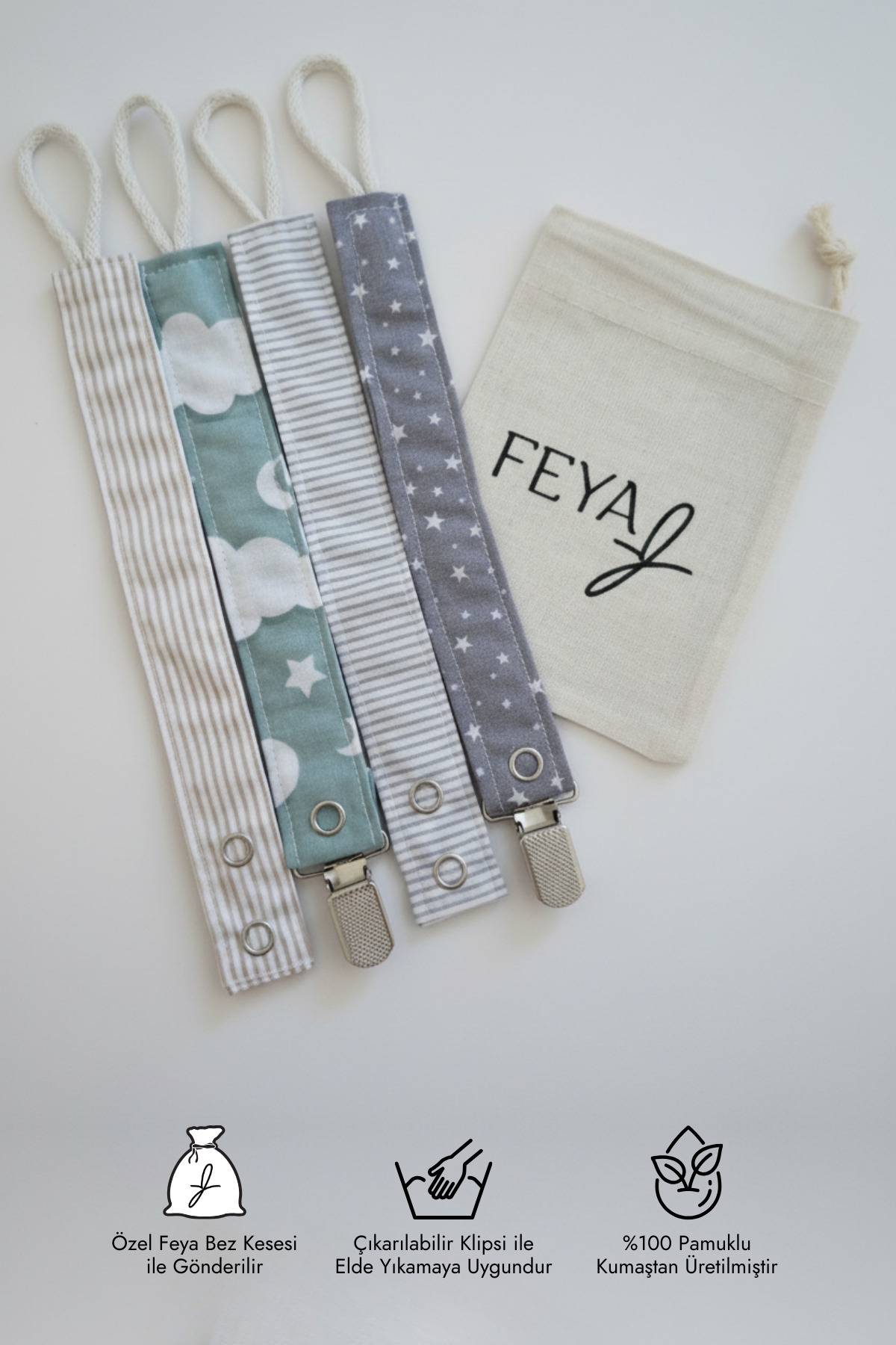 Feya Vika 4'lü Çizgili, Yıldız & Gökyüzü Desenli Pamuklu Yıkanabilir Emzik Askısı - Gri, Yeşil, Bej