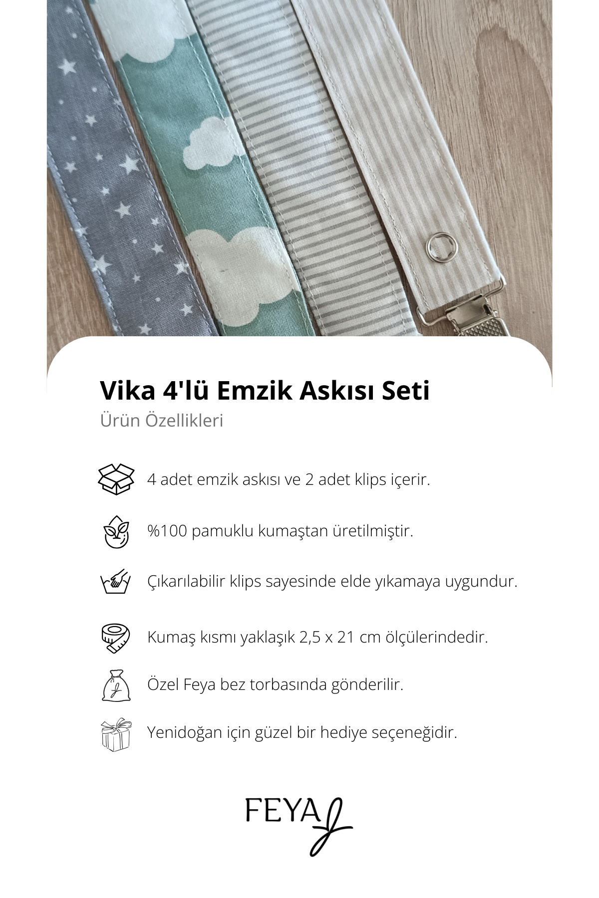 Feya Vika 4'lü Çizgili, Yıldız & Gökyüzü Desenli Pamuklu Yıkanabilir Emzik Askısı - Gri, Yeşil, Bej - Görsel 3