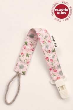 MyVera Bahar Çiçek Desenli Pudra Plastik Klipsli Pamuklu Emzik Askısı - Emzik Zinciri - Emzik Tutacağı