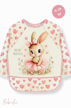 Bebechi Uzun Kollu Giyilebilir Tavşan Desen Sıvı Geçirmez Aktivite ve Mama Önlüğü Su Geçirmez Bebek Önlük