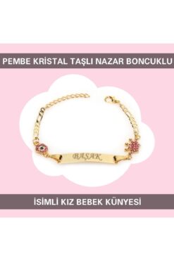 Sahi Aksesuar Kaplama Pembe Kristal Taşlı Nazar Boncuklu Isimli Kız Bebek Künyesi Tyıbcb032