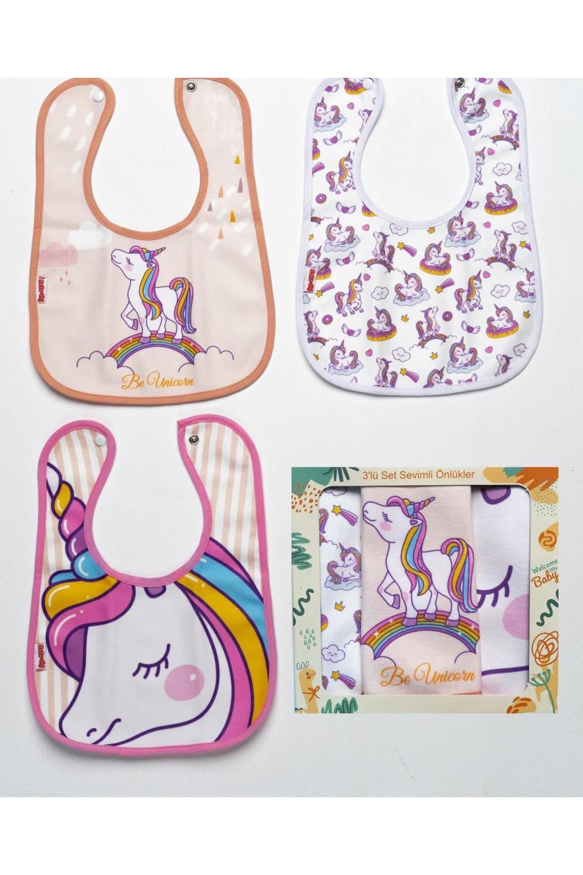 Pico Baby Unicorn Temalı Microfiber %100 Pamuk Sıvı Geçirmez 3 'lü Mama Önlüğü