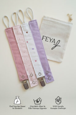 Feya Vika 4'lü Kalp & Nokta Desenli & Düz Pamuklu Yıkanabilir Emzik Askısı - Beyaz, Pudra, Pembe, Lila