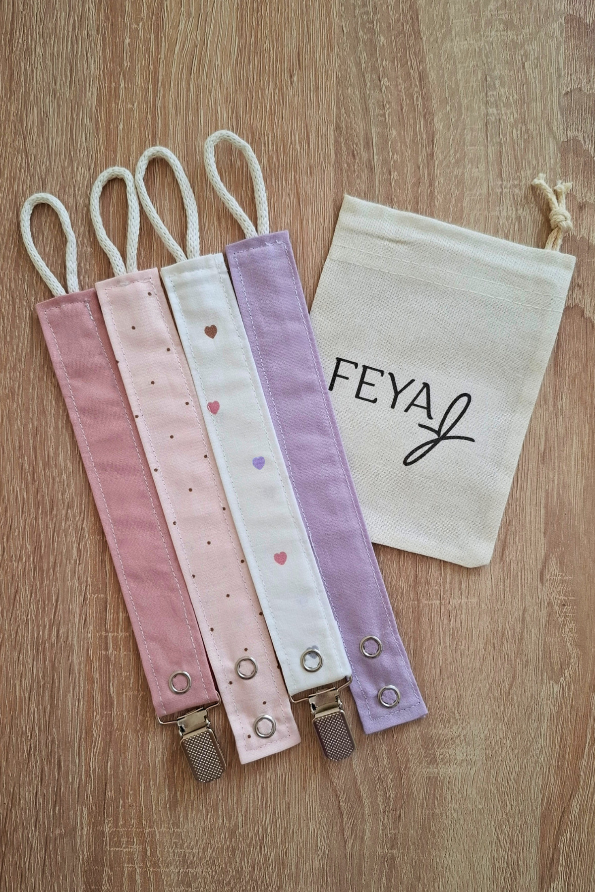 Feya Vika 4'lü Kalp & Nokta Desenli & Düz Pamuklu Yıkanabilir Emzik Askısı - Beyaz, Pudra, Pembe, Lila - Görsel 3