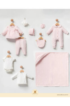 Cassiope Allin'co -Cassiope %100 organik pamuklu Müslin Yenidoğan Kız Bebek Hastane Çıkış Seti Pembe