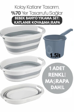 PONÇİK STORE Banyo Su Kovası Katlanabilir Beyaz-Gri- Maşrapa Renkli -2'li Bebek Banyo Seti Katlanır Kova
