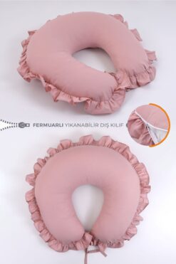 Umaybebek Emzirme Yastığı Minderi - %100 Pamuk - Pudra Fırfırlı