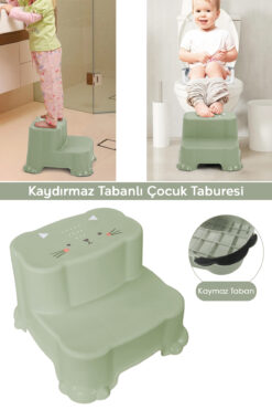 Meleni Baby Kaydırmaz Çocuk Taburesi - Çift Basamaklı Banyo Lavabo Merdiven Yükseltici Bebek Basamağı Yeşil