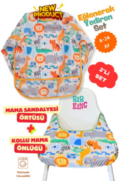 BibKing 2'Li Ekonomik Set Mama Sandalyesi Örtüsü-Sevimli Hayvanlar Desen Aktivite ve Mama Önlüğü 6-24 AY