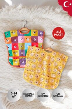 ANP MODA TASARIM 2'li Kolsuz Sıvı Geçirmez Mama ve Aktivite Önlüğü | 6-24 Ay | Colour-Bear