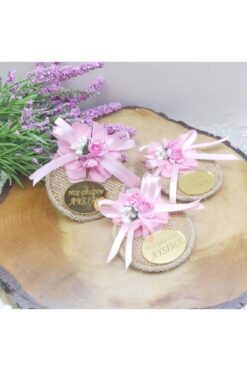 Hayaller Dükkanı 30 Adet Lazer Çiçekli Hasır Etiketli Tabla Bebek Magnetleri-Pembe