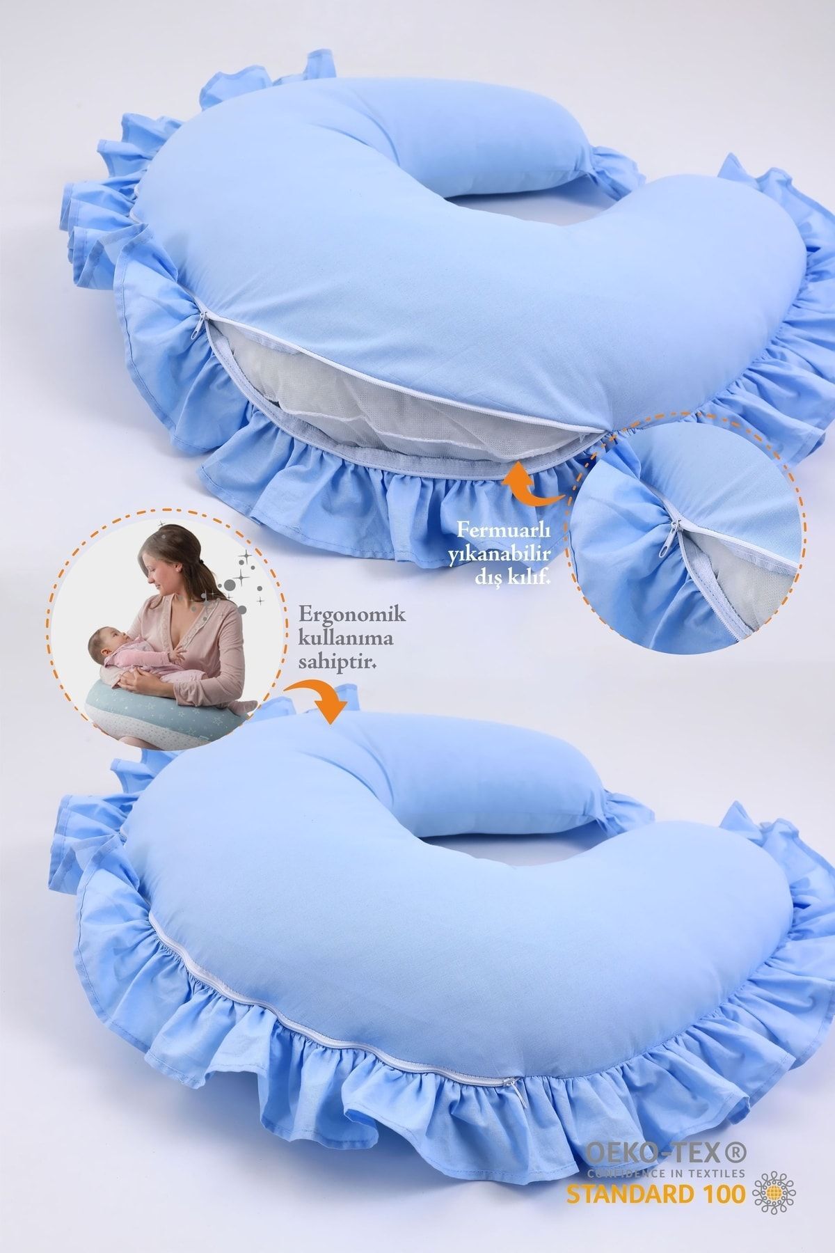 Umaybebek Emzirme Yastığı, Emzirme Önlüğü Set - Pamuklu Kumaş - Mavi Fırfırlı - Görsel 2