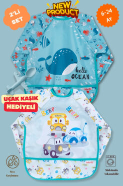 Bebechi 2'Li Uzun Kollu Giyilebilir Balina-Araba Desen Sıvı Geçirmez Aktivite ve Mama Önlüğü 6-24 AY