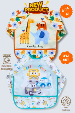 Bebechi Uzun Kollu Giyilebilir Safari-Arabalı Desen Sıvı Geçirmez Aktivite ve Mama Önlüğü 6-24 AY