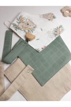 sbbaby Müslin Mama Önlüğü (SALYA ÖNLÜĞÜ)ahşap Klips Emzik Askısı 5'li Set