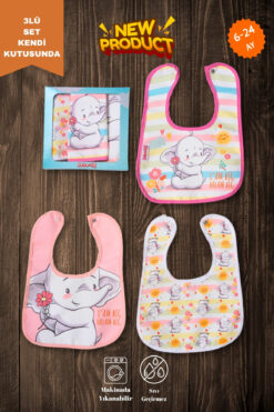 Bebechi Sevimli Fil Desenli 3'lü Microfiber Sıvı Geçirmez Mama Önlüğü(Kendi Kutusunda)