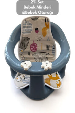 PONÇİK STORE 2'li Bebek Banyo Oturağı Ve Minder Seti - Vakum Taban Mama Oturağı, Oturak Minderi Hediye MAVİ
