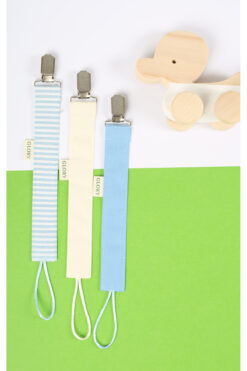GLORY BABY Emzik Askısı 3'lü Set - Emzik Zinciri - Emzik Tutacağı - %100 Pamuk - Mavi Çizgili, Ekru, Mavi
