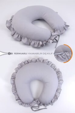 Umaybebek Emzirme Yastığı Minderi, Pamuk Kumaş - Gri Fırfırlı