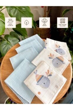 Sevza Kids %100 Pamuk 7'li Müslin Bebek Ağız Mendili Dreamy Collectıon Yunus-Mavi
