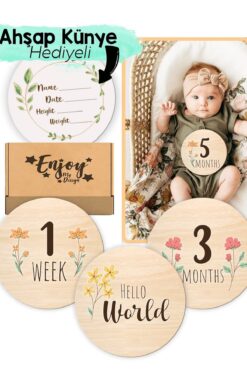 Enjoymydesign Bebek Anı Kartları Çiçek Desenli Aylık Bebek Hatıra Kartı Seti Ingilizce Ahşap Hamile Ay Kartları