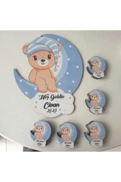 fabriflow exclusive 25adet Magnet +Kapı Süsü Ay Üstünde Oturan Kız - Erkek Ayıcık Magnet  Pembe-Mavi