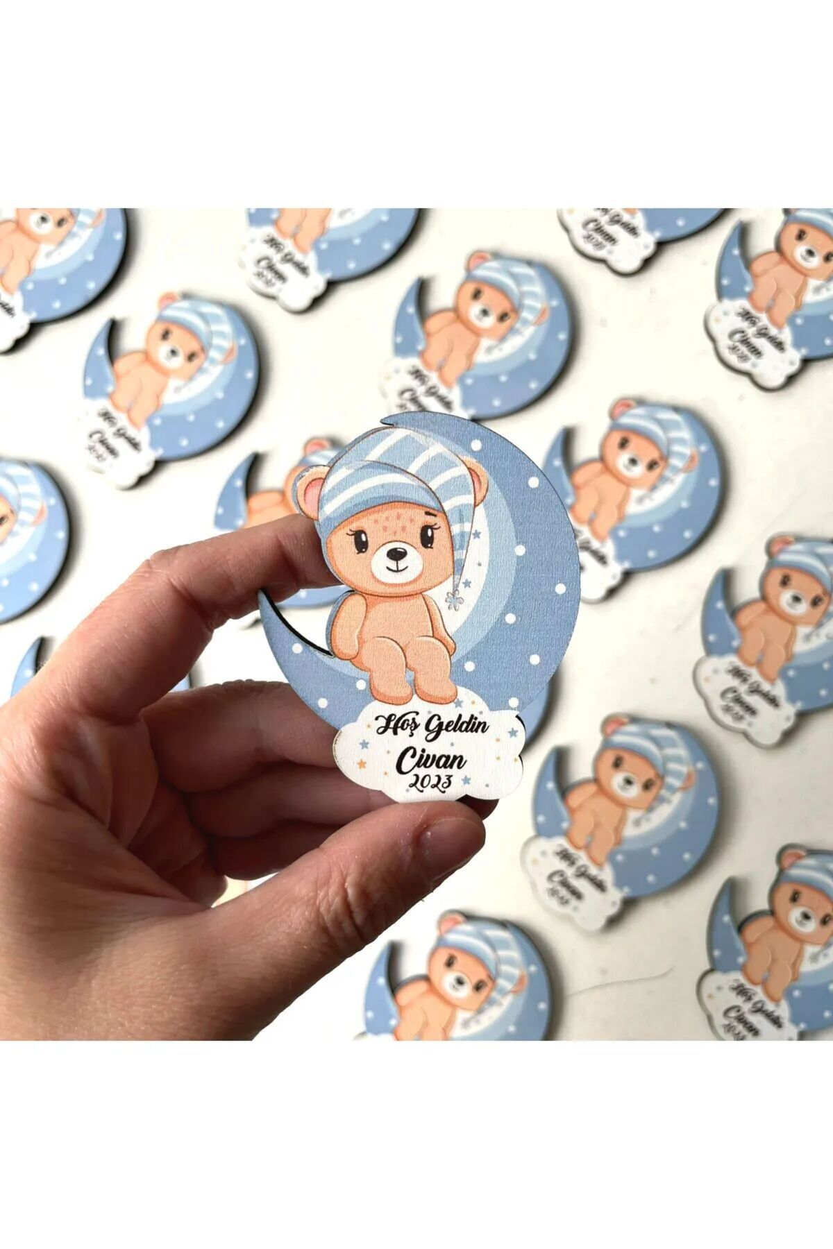 fabriflow exclusive 25adet Magnet +Kapı Süsü Ay Üstünde Oturan Kız - Erkek Ayıcık Magnet Pembe-Mavi - Görsel 2