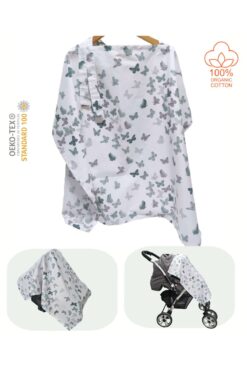 BeybiNest Balenli 100x80 Cm Emzirme Önlüğü Ayarlanabilir Boy Yeşil Kelebekler Emzirme Örtüsü