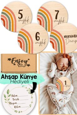 Enjoymydesign Gökkuşağı Ahşap Bebek Anı Kartı Seti Bebek Hediyelik Hamile Anı Kartı Aylık Bebek Kartları