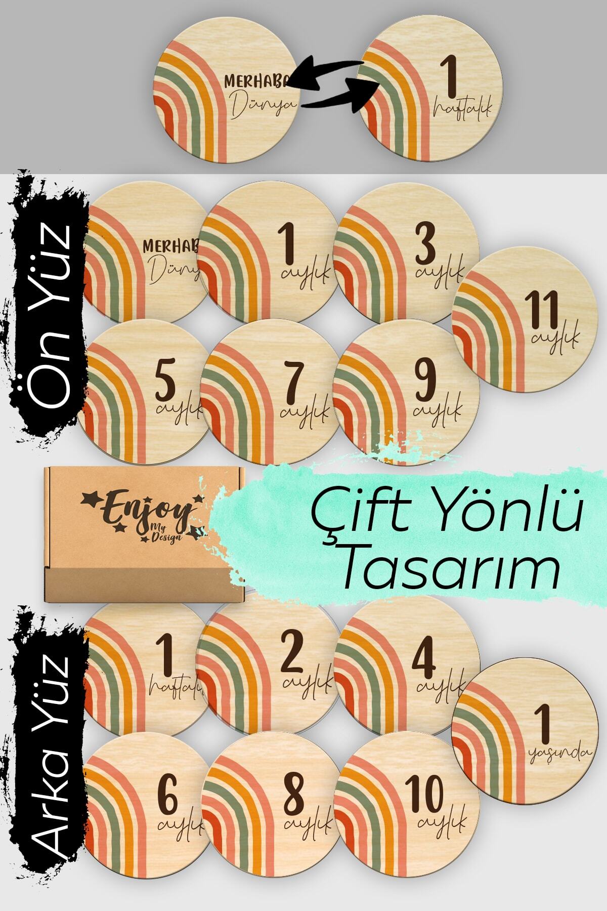 Enjoymydesign Gökkuşağı Ahşap Bebek Anı Kartı Seti Bebek Hediyelik Hamile Anı Kartı Aylık Bebek Kartları - Görsel 3