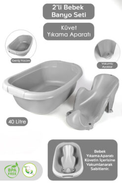 Meleni Baby 2'li Bebek Banyo Seti - Bebek Yıkama Küveti - Vakum Tabanlı Yıkama Aparatı Oturağı - Gri
