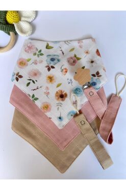 sbbaby Müslin % 100 Organik Bebek Önlük (Yakalık)Ahşap Klipsli Emzik Askısı 5' li Set