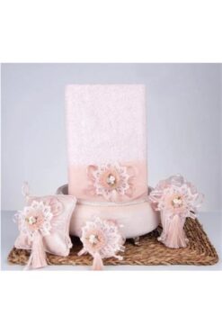 Nazik Home Sweet Havlu Sepet,Süslü Sabun + Şişe + Lavanta Hediyelik Kutulu 5 Parça Set Pudra